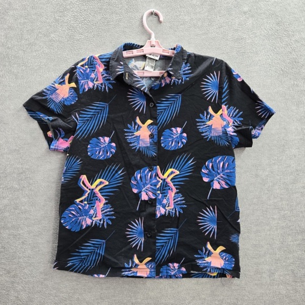 Dutch Bros Coffee Women‎ Button Up Shirt S Black Floral Palm Leaves Hawaiian